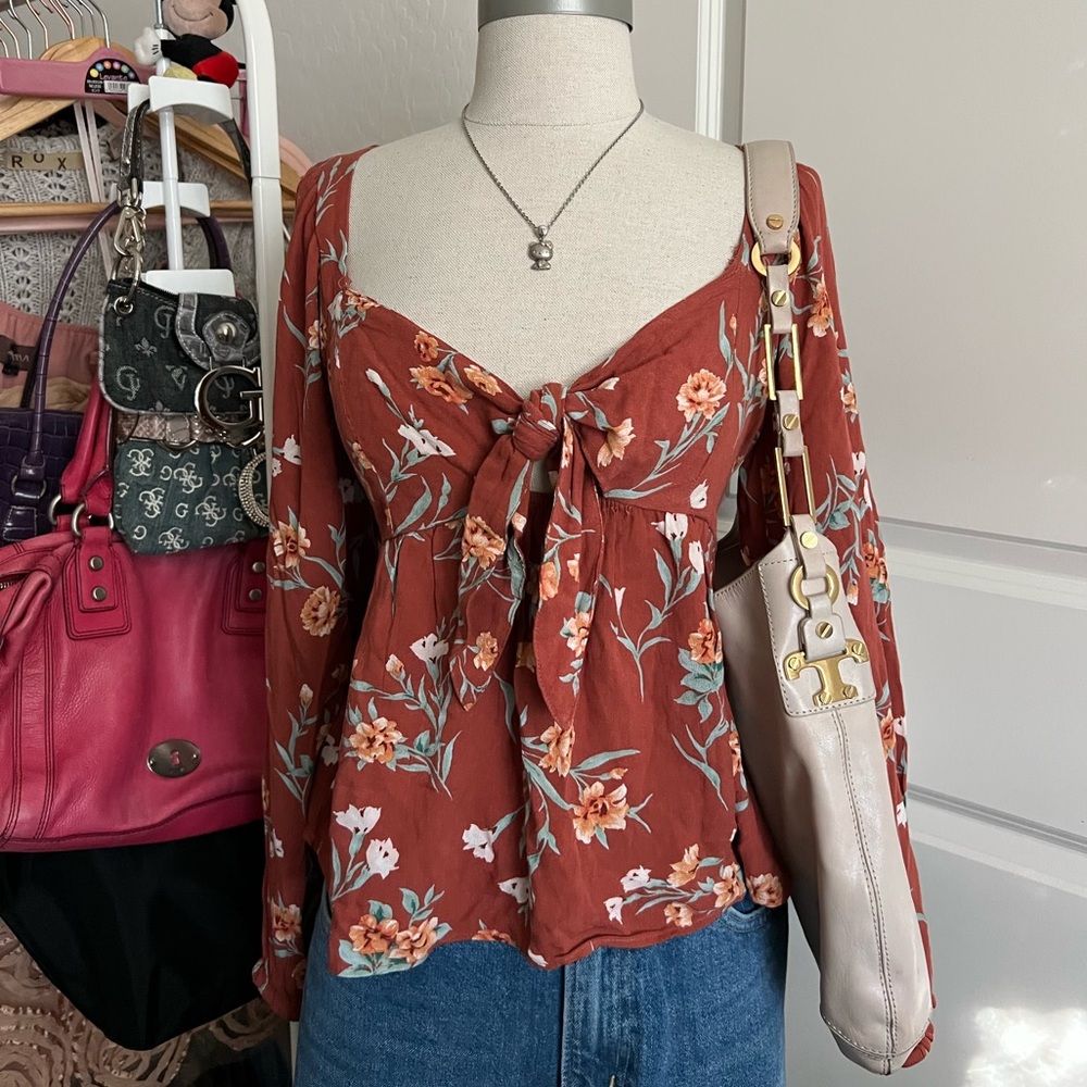 Floral Rust Tie-Front Women's Top